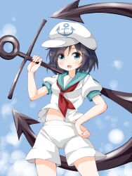  1girl :d anchor anchor_symbol aqua_eyes black_hair blush commentary_request cowboy_shot hand_on_own_hip hat highres looking_at_viewer murasa_minamitsu navel neckerchief one-hour_drawing_challenge open_mouth puffy_short_sleeves puffy_sleeves ruu_(tksymkw) sailor sailor_hat short_hair short_sleeves shorts smile solo touhou 