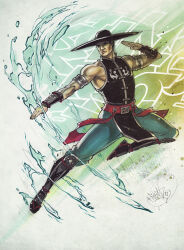 1boy black_hat fezat full_body graffiti green_pants hat kung_lao mortal_kombat mortal_kombat_(series) mortal_kombat_9 pants pelvic_curtain signature sleeveless solo water wide_brim