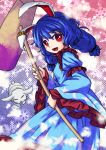  1girl animal_ears blood blue_hair dress ear_clip from_behind highres long_hair looking_back mallet open_mouth rabbit rabbit_ears red_eyes seiran_(touhou) smile touhou twintails 
