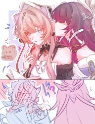  2girls bare_shoulders black_hair blue_eyes blush brown_hair closed_eyes columbina_(genshin_impact) commentary dregs dress genshin_impact highres kissing_ear loading_icon long_hair multicolored_hair multiple_girls off-shoulder_dress off_shoulder parted_lips purple_streaks sandrone_(genshin_impact) streaked_hair white_dress yuri 