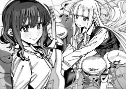  2girls ahoge beamed_sixteenth_notes bocchi_the_rock! cho_kaguya-hime! commentary_request cosplay drum drum_set electric_guitar guitar highres ijichi_nijika ijichi_nijika_(cosplay) instrument kaguya_(cho_kaguya-hime!) long_hair long_sleeves looking_at_viewer medium_hair mole mole_under_eye multiple_girls musical_note sakayori_iroha smile twitter_username very_long_hair xiaoju_xiaojie yamada_ryo yamada_ryo_(cosplay) 