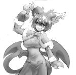 1girl alternate_costume animal_ears artist_request blush_stickers bow capelet familiar_(monster_girl_encyclopedia) fur_trim grin hair_ornament looking_at_viewer low_wings monochrome monster_girl monster_girl_encyclopedia paws short_hair simple_background sketch smile solo star star-shaped_pupils star_hair_ornament symbol-shaped_pupils tail v white_background wings 