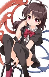  1girl asymmetrical_wings black_dress black_thighhighs blue_wings bow bowtie brown_hair closed_mouth commentary_request dress highres houjuu_nue long_hair looking_at_viewer polearm red_bow red_bowtie red_eyes red_shoes red_wings ruu_(tksymkw) shoes short_sleeves simple_background smile solo thigh-highs touhou trident weapon white_background wings 