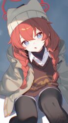  1girl absurdres animal_ear_headwear beanie black_pantyhose blue_archive blue_eyes braid collared_shirt commentary_request crossed_bangs dot_nose from_above grey_hat grey_jacket hair_between_eyes halo hat highres jacket long_hair looking_at_viewer maki_(blue_archive) maki_(camp)_(blue_archive) nyarnya official_alternate_costume open_clothes open_jacket open_mouth pantyhose red_hair red_halo red_sweater_vest shirt shorts simple_background sitting solo sweater_vest twin_braids white_shirt white_shorts 