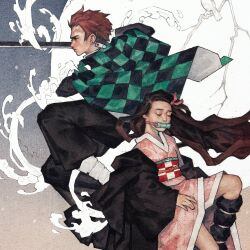  1boy 1girl black_haori black_pants brother_and_sister brown_hair checkered_haori closed_eyes commentary earrings english_commentary green_haori hanafuda_earrings haori holding holding_sword holding_weapon japanese_clothes jewelry kamado_nezuko kamado_tanjirou katana kelogsloops kimetsu_no_yaiba kimono long_hair pants pink_kimono short_hair siblings sword two-tone_haori weapon 