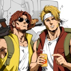  2boys assault_rifle beard blonde_hair commentary_request facial_hair gun headband highres holding holding_gun holding_weapon jacket looking_at_viewer male_focus marco_rossi metal_slug multiple_boys red_hair red_jacket rifle rocknrm shirt short_hair spanish_commentary sparkle sunglasses tarma_roving weapon white_headband white_shirt 
