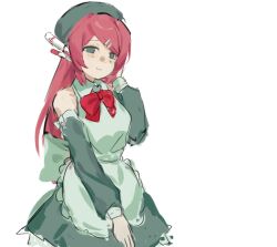  1girl apron bow collar detached_sleeves dress green_dress green_eyes green_hat hair_ornament hairclip hat long_hair maid_apron momone_momo pink_hair red_bow utau x_nara_ki 