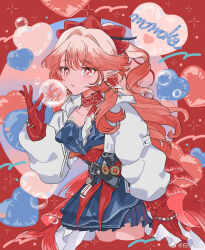  1girl arknights blue_dress bow character_name chinese_commentary commentary_request cowboy_shot dress earrings gloves hair_bow hand_up haruka_(arknights) heart highres jacket jewelry long_hair long_sleeves looking_at_viewer orange_hair pointy_ears red_background red_bow red_eyes red_gloves sirakaro soap_bubbles solo standing watermark weibo_watermark white_jacket 