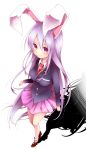  1girl animal_ears blazer breasts chikuwa_savi crescent from_above highres large_breasts lavender_hair long_hair long_sleeves necktie pleated_skirt rabbit_ears red_eyes reisen_udongein_inaba shadow shirt skirt smile touhou very_long_hair 