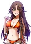  1girl bikini blush breasts brown_hair green_eyes hair_ornament hairclip himekawa_yuki himo idolmaster idolmaster_cinderella_girls long_hair open_mouth smile solo swimsuit 