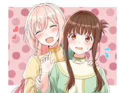  2girls blush border brown_eyes brown_hair closed_eyes commentary dress earrings flying_sweatdrops green_dress hand_on_another's_shoulder heart highres holding_another's_wrist jewelry long_hair luliam_santamagia multiple_girls muryoku_seijo_to_munou_oujo open_mouth pink_background pink_hair polinky0141 sweatdrop tamura_nana white_border yellow_dress 