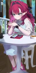  1girl absurdres alternate_costume baobhan_sith_(fate) black_nails breasts commentary_request contemporary fate/grand_order fate_(series) grey_eyes hair_intakes highres large_breasts long_hair ma_ple phone pink_hair pointy_ears sitting solo unfinished wristband 