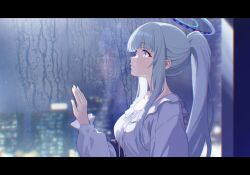  1girl blue_archive blush closed_mouth commentary_request dress from_side halo highres indoors long_hair night noa_(blue_archive) noa_(pajamas)_(blue_archive) official_alternate_costume rain solo u-ho_(uhokk00) violet_eyes white_dress white_hair white_halo 