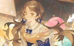  1girl arcaea artist_name bow bowtie braid brown_hair collared_dress commentary dress earrings flower flower_earrings hair_flower hair_ornament hair_ribbon haori highres japanese_clothes jewelry kanae_(arcaea) kimono long_hair looking_at_viewer neck_ribbon ribbon signature solo twitter_username white_haori y0zm0xd3 yellow_eyes yellow_kimono 