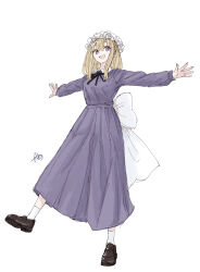  1girl :d absurdres back_bow black_ribbon blonde_hair bow brown_shoes collared_dress commentary contrast_collar dress hair_between_eyes hat highres kashiwada_kiiho large_bow long_dress long_hair long_sleeves maribel_hearn mob_cap neck_ribbon open_mouth outstretched_arms purple_dress ribbon shoes sidelocks signature simple_background sketch smile socks solo spread_arms standing standing_on_one_leg touhou violet_eyes white_background white_bow white_hat white_socks 