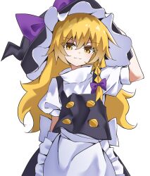  1girl apron arm_up black_apron black_skirt blonde_hair bow braid frills gold_buttons hair_between_eyes hair_bow hand_on_own_hat hat hat_bow highres ishijogahara kirisame_marisa long_hair purple_bow shirt simple_background single_braid skirt smile solo touhou white_background white_shirt witch_hat yellow_eyes 