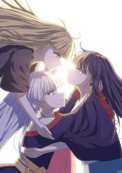  3girls absurdres black_hair black_shirt blonde_hair blue_eyes blue_kimono blue_skirt brown_eyes cho_kaguya-hime! closed_mouth commentary green_eyes highres japanese_clothes kaguya_(cho_kaguya-hime!) kimono long_hair long_sleeves mole mole_under_eye multiple_girls off_shoulder pelt runami_yachiyo sailor_collar sakayori_iroha school_uniform serafuku shirt simple_background skirt thereaakari white_background white_hair white_sailor_collar yuri 