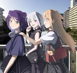  3girls absurdres bag bag_charm black_bag black_dress black_ribbon blonde_hair blue_hair blue_shirt braid brown_eyes charm_(object) cho_kaguya-hime! closed_mouth commentary cone_hair_bun double_bun dress fukuoka_(city) fukuoka_prefecture green_eyes hair_bun hand_on_another's_shoulder hand_up headphones highres indoors jingulbi kaguya_(cho_kaguya-hime!) long_hair multiple_girls nail_polish one_side_up open_mouth outdoors photo_background pinafore_dress pink_nails purple_hair purple_nails railing real_world_location red_bag ribbon runami_yachiyo sakayori_iroha see-through_clothes see-through_dress shirt shoulder_bag sleeveless sleeveless_dress teeth upper_teeth_only violet_eyes white_hair white_shirt 