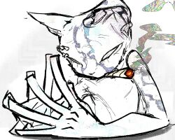  1boy animal_ears cat_boy cat_ears cigar eyebrow_piercing eyebrow_spikes face_piercing furry furry_male male_focus monochrome original piercing sketch smoking solo steepled_fingers suulfur upper_body 