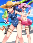  2girls ass_visible_through_thighs bandaid bandaid_on_face blue_eyes breasts cerasus cleavage clenched_teeth collarbone crab from_side hair_bobbles hair_ornament hand_on_hip hat hat_over_one_eye impossible_clothes impossible_swimsuit kantai_collection looking_at_viewer midriff multiple_girls one-piece_swimsuit pink_eyes pink_hair pose pouty_lips rabbit sazanami_(kantai_collection) scrunchie short_hair short_twintails small_breasts straw_hat swimsuit twintails ushio_(kantai_collection) water_gun wrist_scrunchie yellow_eyes 