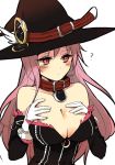  1girl alternate_breast_size bare_shoulders blush breasts cleavage collar detached_sleeves gloves hat kaku-san-sei_million_arthur large_breasts long_hair million_arthur_(series) nimue_(kaku-san-sei_million_arthur) pink_hair red_eyes silltare solo witch_hat 