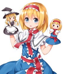  1girl alice_margatroid blonde_hair blue_dress blue_eyes capelet character_puppet commentary_request dress frilled_hairband frills hairband hand_puppet kirisame_marisa looking_at_viewer open_mouth puppet red_hairband red_sash ruu_(tksymkw) sash simple_background smile solo touhou waist_sash white_background white_capelet 