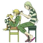  androgynous blonde_hair boots braid chair character_request child dien_bien_phu_(manga) dog ha.skr_(hasukara) hairdressing long_hair military military_uniform shorts sitting size_difference slippers uniform 