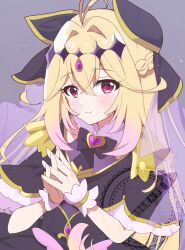  1girl antenna_hair black_capelet blonde_hair brooch capelet closed_mouth commentary_request cure_arcana_shadow diamond_hairband earrings hair_intakes heart heart_brooch jewelry light_blush long_hair looking_at_viewer magical_girl meitantei_precure! moria_luluka omuretsu own_hands_together pink_eyes precure smile very_long_hair 
