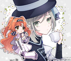  :/ :o ascot black_coat black_hat boater_hat border checkered_hairband coat commentary_request cup dated deformed dress flower grey_border grey_cloak grey_eyes grey_hair grey_shoes grey_sleeves hairband hand_up hat highres holding holding_cup kmy-3_(kumayu) long_hair long_sleeves looking_at_viewer orange_hair outside_border pants pants_under_dress reverse:1999 shoes short_hair sonetto_(reverse:1999) teacup two_side_up vertin_(reverse:1999) very_long_hair watermark white_ascot white_dress white_flower white_pants 