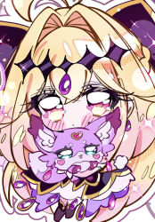  1girl antenna_hair black_capelet blonde_hair blush capelet chibi chibi_only closed_mouth cure_arcana_shadow deformed diamond_hairband dot_mouth frilled_capelet frilled_cuffs frills gradient_hair hair_intakes heart highres long_hair looking_at_viewer magical_girl mashu-tan meitantei_precure! mizunonononono moria_luluka multicolored_hair pink_hair precure purple_veil purple_wrist_cuffs solo veil very_long_hair wrist_cuffs 