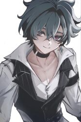  1boy belt black_belt black_choker black_vest blue_hair choker closed_mouth collared_shirt commentary_request cowboy_shot double-parted_bangs genshin_impact hair_between_eyes hair_intakes highres lapels lohen_(genshin_impact) lohen_(standardized_test)_(genshin_impact) long_sleeves male_focus mana02031225m multicolored_eyes notched_lapels official_alternate_costume open_collar shirt short_hair simple_background smile solo studded_belt vest white_background white_shirt 