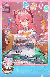  +_+ 3girls absurdres aqua_streaks aria_(human)_(zenless_zone_zero) aria_(zenless_zone_zero) birthday_cake black_hair blue_eyes bow cake character_name commentary dated dress fingerless_gloves food gloves happy happy_birthday highres holding holding_cake holding_food looking_at_viewer multicolored_hair multiple_girls nangong_yu official_art one_eye_closed open_mouth pink_gloves pink_hair puffy_short_sleeves puffy_sleeves quad_tails short_sleeves smile star_(symbol) streaked_hair sunna_(zenless_zone_zero) twintails white_dress white_wings wings zenless_zone_zero 