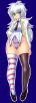  borrowed_character covered_navel grey_eyes highleg highleg_leotard highres leotard long_hair looking_at_viewer messy_hair mismatched_legwear nanashi_mushi original shirt smile striped thick_thighs thigh-highs thighs white_hair 