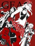  1girl 2boys alisa_ilinichina_amiella bare_shoulders black_gloves boots breasts elbow_gloves fingerless_gloves fujiki_kouta gloves god_eater hat holding_weapon huge_weapon long_hair looking_at_viewer monochrome multiple_boys pantyhose red_eyes short_hair simple_background skirt smile soma_schicksal suspender_skirt suspenders sword thigh-highs thigh_boots under_boob weapon white_hair 