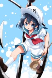  1girl anchor anchor_symbol blue_eyes blue_hair blue_sailor_collar breasts brown_shoes commentary_request full_body hat hishaku holding holding_anchor loafers looking_at_viewer medium_hair murasa_minamitsu open_mouth ruu_(tksymkw) sailor_collar sailor_hat shoes short_sleeves shorts small_breasts socks solo touhou white_shorts white_socks 