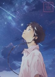  1boy 25mocoa blue_eyes brown_hair collared_shirt commentary_request from_side head_back headphones ikari_shinji looking_up male_focus neon_genesis_evangelion outdoors parted_lips profile shirt shooting_star short_hair short_sleeves sky solo star_(sky) starry_sky watermark white_shirt wing_collar 