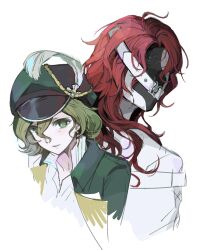  1boy 1girl aleph_(reverse:1999) back-to-back beishang_ronghua_bingqilin black_mask cape covered_face cracked_mask cropped_torso facing_viewer green_cape green_eyes green_hat hair_between_eyes hat hat_feather highres mask mole mole_under_eye newsboy_cap recoleta_(reverse:1999) red_hair reverse:1999 shirt upper_body white_shirt 