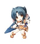  1girl animal_ears atui_(utawareru_mono) blue_hair breasts chibi cleavage cleavage_cutout highres kuena large_breasts long_hair short_hair sidelocks simple_background smile solo utawareru_mono utawareru_mono:_itsuwari_no_kamen white_background yellow_eyes 