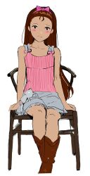  0104mq 1girl bangs_pinned_back bare_arms blush_stickers boots bow brown_boots brown_eyes brown_hair chair closed_mouth commentary grey_skirt hair_bow hairband highres idolmaster idolmaster_(classic) idolmaster_1 light_smile long_hair minase_iori miniskirt on_chair pink_bow pink_hairband pink_tank_top simple_background sitting skirt solo stuffed_animal stuffed_rabbit stuffed_toy tank_top usa-chan_(idolmaster) white_background wooden_chair 