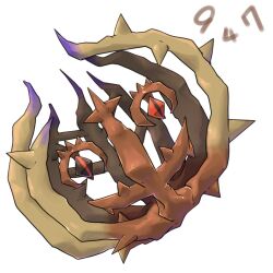  brambleghast commentary_request full_body heterochromia no_humans okiza_yuuri pokedex_number pokemon pokemon_(creature) pokemon_focus simple_background slit_pupils solo thorns white_background 