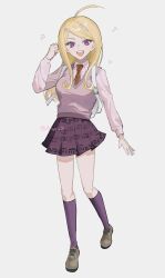  1girl :d absurdres adachi_anyo ahoge akamatsu_kaede backpack bag blonde_hair breasts collared_shirt commentary_request danganronpa_(series) danganronpa_v3:_killing_harmony full_body grey_background hair_ornament highres large_breasts long_hair long_sleeves looking_at_viewer musical_note musical_note_hair_ornament musical_note_print necktie open_mouth orange_necktie pink_sweater_vest pleated_skirt shirt simple_background skirt smile sweater_vest teeth upper_teeth_only vest white_bag white_shirt 