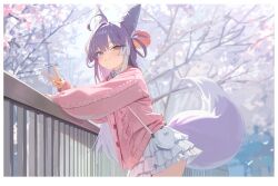  1girl ahoge blue_eyes blurry blurry_background border brown_eyes cable_knit cardigan cherry_blossoms closed_mouth collared_shirt commentary cone_hair_bun cowboy_shot day depth_of_field double_bun fluffy_tail fox_girl from_side hair_bun hair_intakes hair_ornament hair_rings hand_on_railing heterochromia highres layered_skirt long_hair looking_at_viewer looking_to_the_side miniskirt multicolored_hair outdoors pink_cardigan pom_pom_(clothes) pom_pom_hair_ornament purple_hair shirt skirt smile solo spring_(season) standing stellive straight_hair streaked_hair sunj000 tenko_shibuki tree turning_head v virtual_youtuber white_border white_skirt 