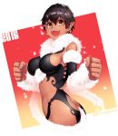  1girl 2016 :d bare_shoulders between_breasts black_hair breasts butt_crack clenched_hands dark_skin dated earrings fangs feather_boa gradient gradient_background jewelry ko-on_(ningen_zoo) large_breasts leotard open_mouth original pointy_ears short_hair sideboob skin_tight smile solo white_background yellow_eyes 