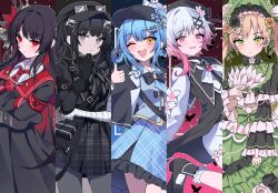  5girls ammunition_pouch arm_belt armband asymmetrical_gloves bandaged_arm bandaged_hand bandages beret bird_hat_ornament black_bow black_bowtie black_capelet black_choker black_coat black_dress black_flower black_gloves black_hair black_hat black_pantyhose black_ribbon black_rose black_shirt black_shoes black_skirt blonde_hair blue_hair blue_necktie blue_skirt bonnet bow bow_flower bowtie braid braided_hair_rings capelet checkered_clothes checkered_dress checkered_skirt choker closed_mouth coat collage collared_coat collared_dress collared_shirt crossed_arms crown deerstalker dress feather_fan flower flower-trimmed_dress flower-trimmed_shorts flower-trimmed_skirt flower-trimmed_sleeves frilled_dress frilled_skirt frilled_sleeves frilled_socks frills gloves goggles goggles_on_headwear gradient_hair green_bonnet green_eyes grey_eyes grey_vest hair_bow hair_flower hair_ornament hair_rings hand_fan hat hat_flower hat_ribbon highres holding holding_fan kurobe_nanoka layered_skirt lolita_fashion long_hair long_skirt long_sleeves looking_at_viewer mahou_shoujo_no_majo_saiban multicolored_hair multiple_girls neck_ribbon necktie nikaido_hiro one_eye_closed open_mouth pantyhose pink_eyes pink_hair pinkisangel pleated_capelet pleated_skirt pouch puffy_sleeves red_armband red_eyes red_flower red_necktie ribbon rose sakuraba_ema shirt shoes short_hair skirt sleeveless sleeveless_coat smile socks tachibana_sherry thumbs_up tono_hanna twintails vest white_flower white_gloves white_hair white_ribbon white_rose white_shirt white_sleeves white_socks wide_sleeves x_hair_ornament yellow_eyes yellow_flower yellow_rose 