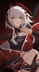  1girl :o absurdres antenna_hair arknights black_background black_shirt black_shorts chinese_commentary commentary crop_top cropped_jacket gradient_background hair_intakes high_collar highres horns jacket linea_alba long_hair looking_at_viewer looking_down micro_shorts navel open_clothes open_jacket open_mouth red_background shirt shorts solo star-shaped_pupils star_(symbol) stomach symbol-shaped_pupils teeth upper_body upper_teeth_only w_(arknights) white_hair wis'adel_(arknights) xuegao_ice yellow_eyes 