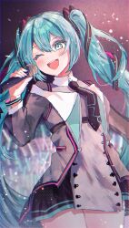  1girl :d ;d aqua_eyes aqua_hair aqua_trim belt black_belt black_necktie blush bracelet breasts collared_dress commentary cowboy_shot dress grey_dress hair_between_eyes hair_ribbon hand_in_hand_(vocaloid) hand_up happy hatsune_miku highres holding holding_microphone jewelry long_hair long_sleeves looking_to_the_side magical_mirai_(vocaloid) magical_mirai_miku magical_mirai_miku_(2015) microphone natukisigure necktie one_eye_closed ribbon see-through_clothes see-through_sleeves short_dress short_necktie sidelocks singing small_breasts smile solo teeth thighs twintails untranslatable_commentary upper_teeth_only very_long_hair vocaloid 