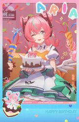  +_+ 3girls aqua_streaks aria_(human)_(zenless_zone_zero) aria_(zenless_zone_zero) birthday_cake black_hair blue_eyes bow cake character_name commentary dated dress english_commentary fingerless_gloves food gloves happy happy_birthday highres holding holding_cake holding_food multicolored_hair multiple_girls nangong_yu official_art one_eye_closed open_mouth pink_gloves pink_hair smile star_(symbol) streaked_hair sunna_(zenless_zone_zero) twintails white_dress white_wings wings zenless_zone_zero 