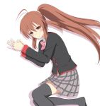  1girl black_legwear brown_eyes brown_hair little_busters!! long_hair looking_at_viewer lying natsume_rin on_back pleated_skirt ponytail simple_background skirt solo thigh-highs white_background zettai_ryouiki 