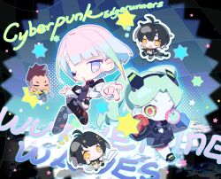  2boys 3girls aqua_hair black_hair black_jacket blowing_bubble_gum blue_hair brown_hair chewing_gum chibi chibi_only closed_eyes copyright_name cyberpunk:_edgerunners cyberpunk_(series) david_martinez dual_persona female_rover_(perpetual_spark)_(wuthering_waves) female_rover_(wuthering_waves) hair_ornament headgear highres jacket long_hair looking_at_viewer lucy_(cyberpunk) male_rover_(perpetual_spark)_(wuthering_waves) male_rover_(wuthering_waves) multicolored_hair multiple_boys multiple_girls one_eye_closed partially_unzipped pink_hair rebecca_(cyberpunk) rover_(wuthering_waves) smile star_(symbol) twintails white_jacket wuthering_waves yellow_eyes yellow_jacket zoookiiiii 