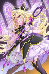  1girl absurdres antenna_hair black_capelet black_thighhighs blonde_hair brooch capelet cure_arcana_shadow diamond_hairband dosibutyou frilled_capelet frilled_cuffs frills hair_intakes heart heart_brooch highres jewelry long_hair looking_at_viewer meitantei_precure! moria_luluka parted_lips pink_eyes precure purple_veil purple_wrist_cuffs smile solo stained_glass tear_arcana_rod thigh-highs veil very_long_hair wrist_cuffs zettai_ryouiki 